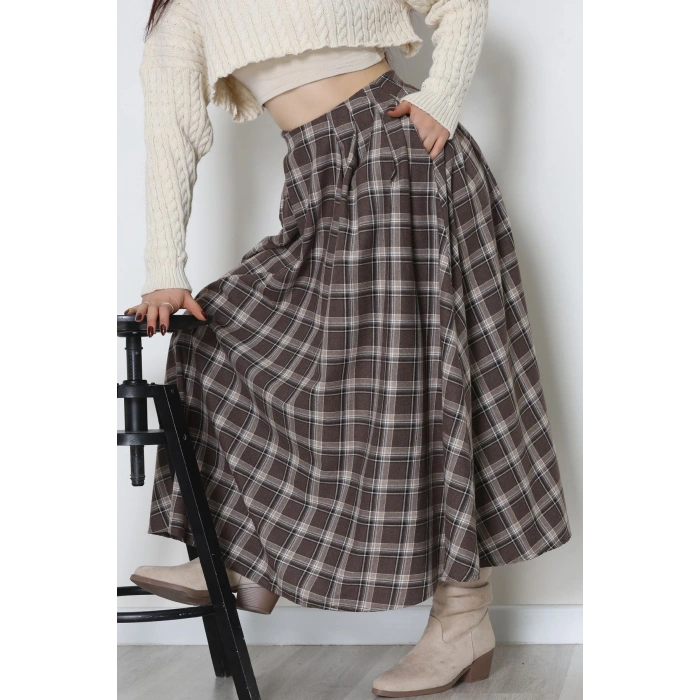 Beli Pileli Ekose Etek Kahve - 51257.1909.