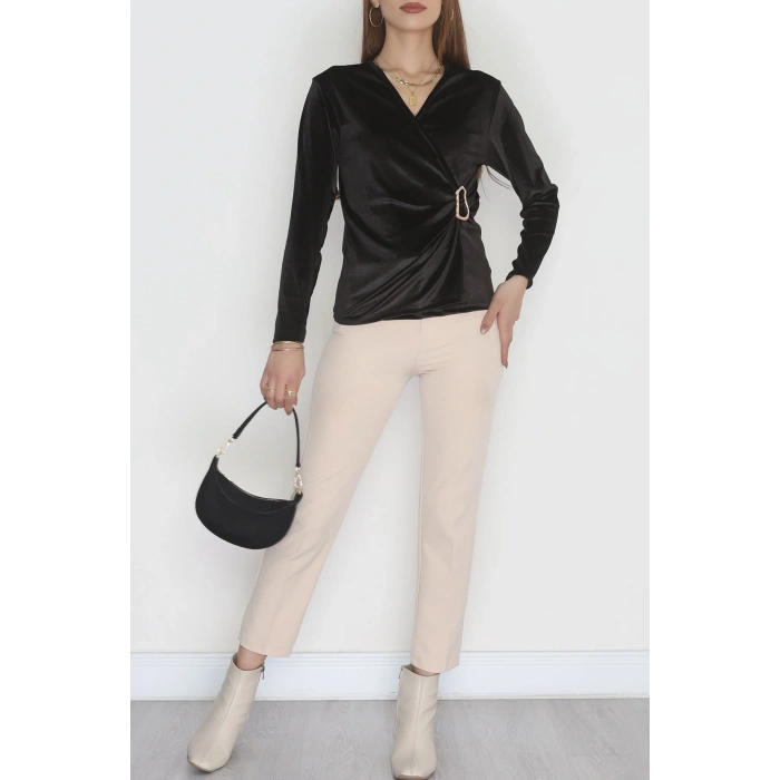 Beli Toka Detaylı Kadife Bluz Siyah - 42663.1949.