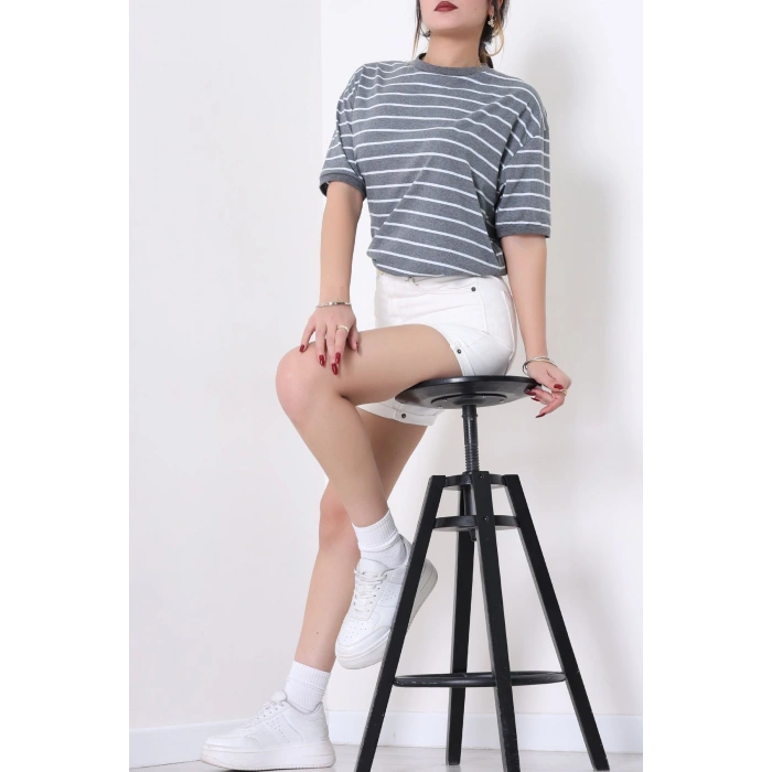 Bisiklet Yaka Çizgili Rejenere Süprem Tişört Antrasitbeyaz - 601.1567.