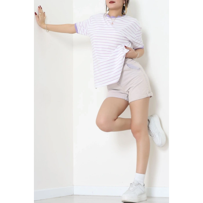 Bisiklet Yaka Çizgili Rejenere Süprem Tişört Beyazlila - 601.1567.