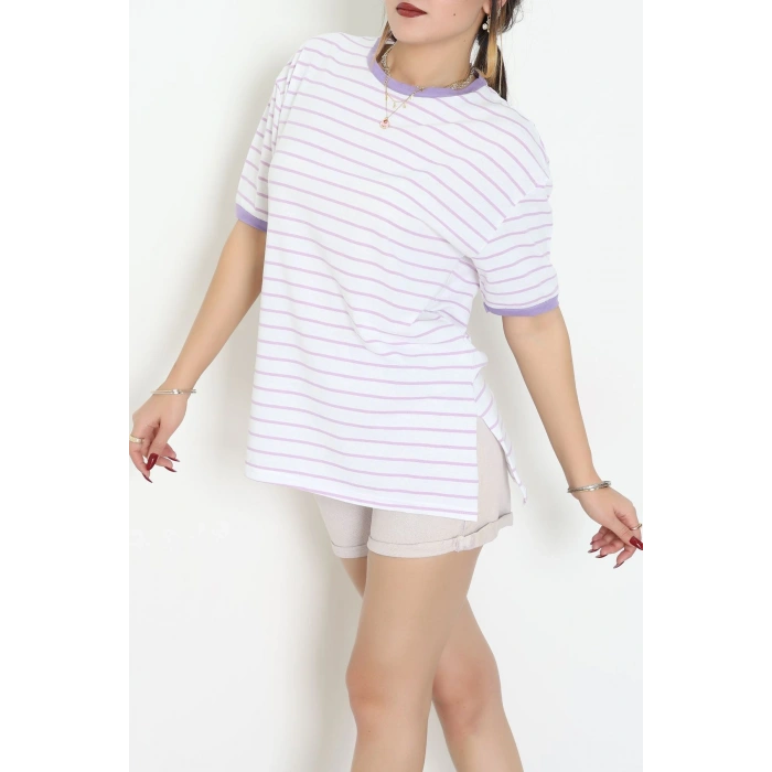Bisiklet Yaka Çizgili Rejenere Süprem Tişört Beyazlila - 601.1567.