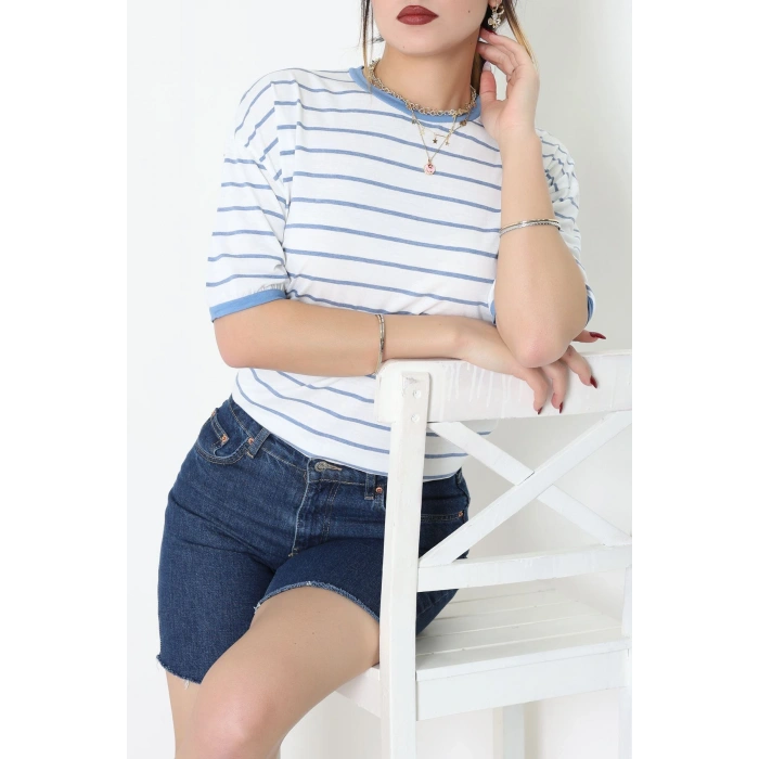 Bisiklet Yaka Çizgili Rejenere Süprem Tişört Beyazmavi - 601.1567.