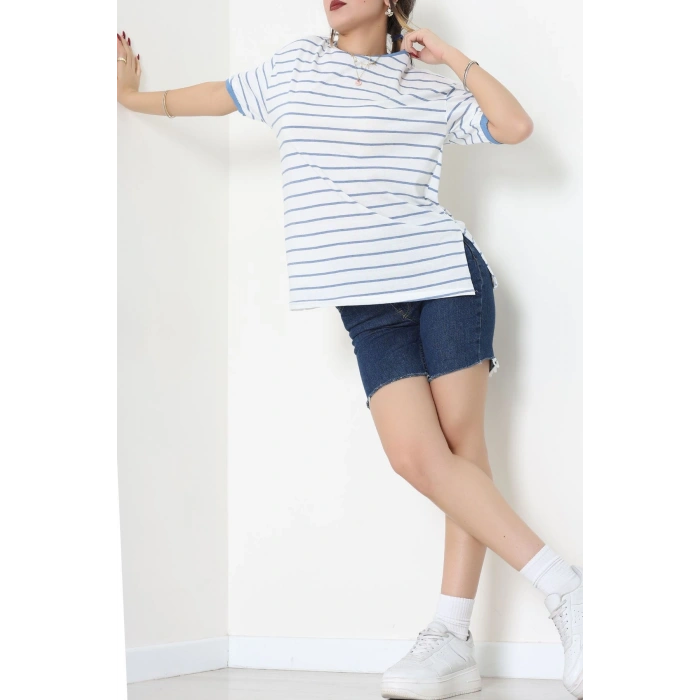 Bisiklet Yaka Çizgili Rejenere Süprem Tişört Beyazmavi - 601.1567.