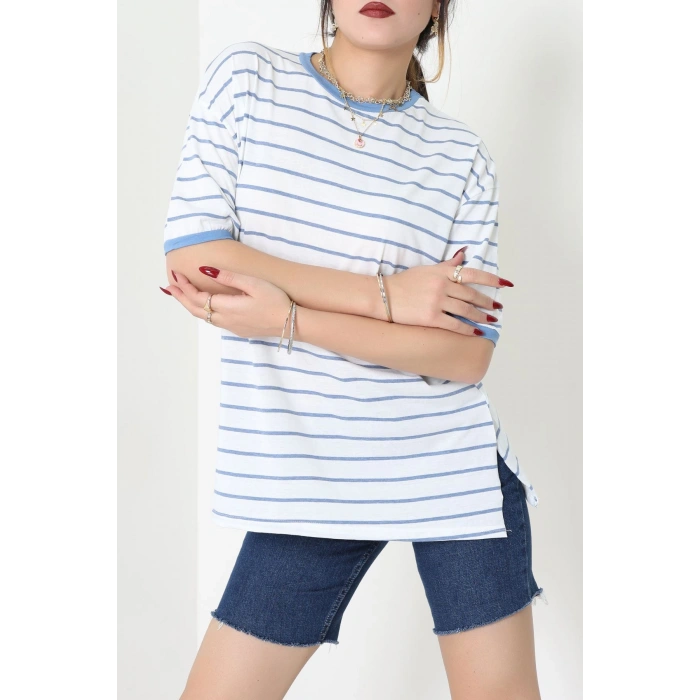 Bisiklet Yaka Çizgili Rejenere Süprem Tişört Beyazmavi - 601.1567.