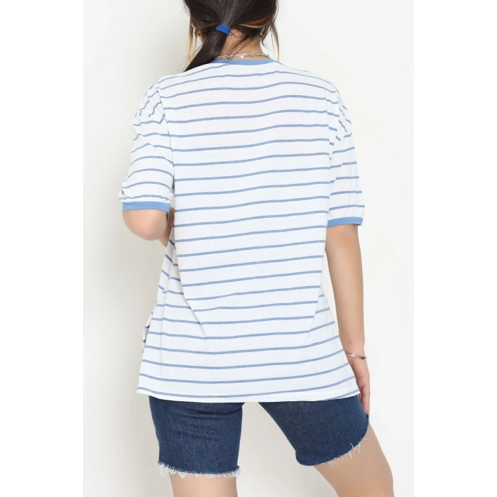 Bisiklet Yaka Çizgili Rejenere Süprem Tişört Beyazmavi - 601.1567.