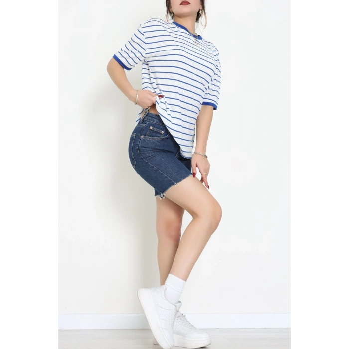 Bisiklet Yaka Çizgili Rejenere Süprem Tişört Beyazsaks - 601.1567.