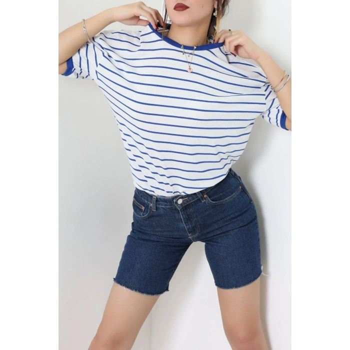 Bisiklet Yaka Çizgili Rejenere Süprem Tişört Beyazsaks - 601.1567.