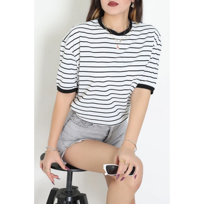 Bisiklet Yaka Çizgili Rejenere Süprem Tişört Beyazsiyah - 601.1567.