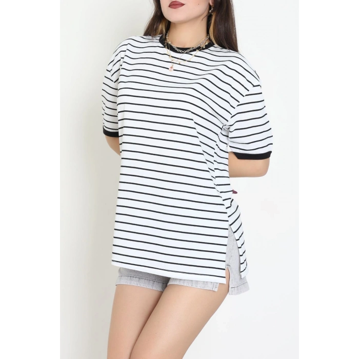 Bisiklet Yaka Çizgili Rejenere Süprem Tişört Beyazsiyah - 601.1567.