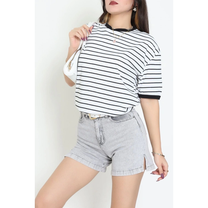 Bisiklet Yaka Çizgili Rejenere Süprem Tişört Beyazsiyah - 601.1567.