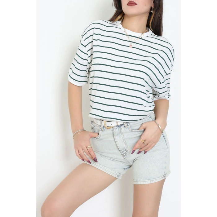 Bisiklet Yaka Çizgili Rejenere Süprem Tişört Beyazzümrüt - 601.1567.