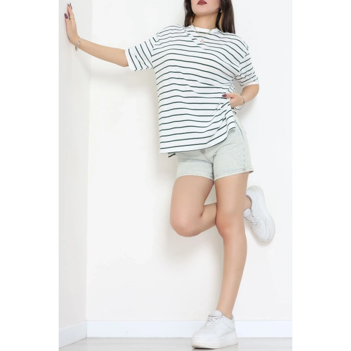 Bisiklet Yaka Çizgili Rejenere Süprem Tişört Beyazzümrüt - 601.1567.