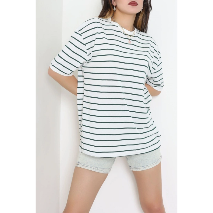 Bisiklet Yaka Çizgili Rejenere Süprem Tişört Beyazzümrüt - 601.1567.