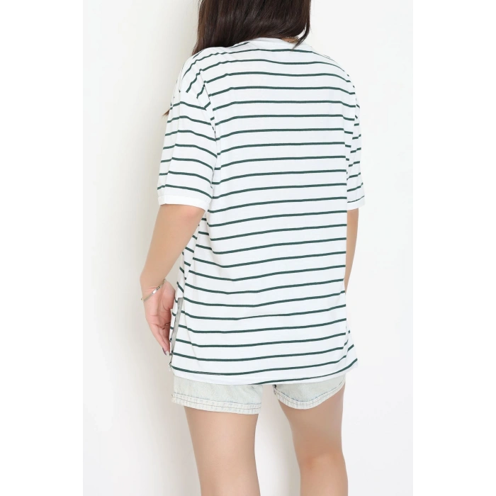 Bisiklet Yaka Çizgili Rejenere Süprem Tişört Beyazzümrüt - 601.1567.