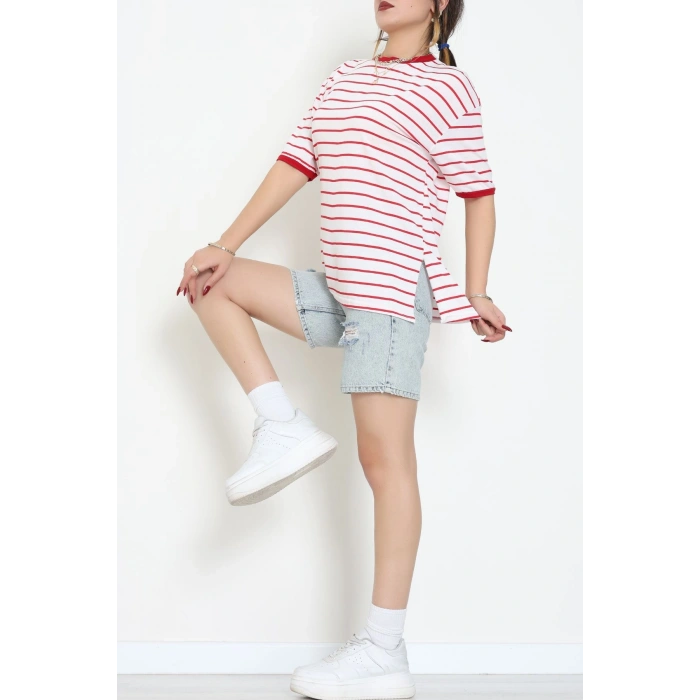 Bisiklet Yaka Çizgili Rejenere Süprem Tişört Ekrukırmızı - 601.1567.