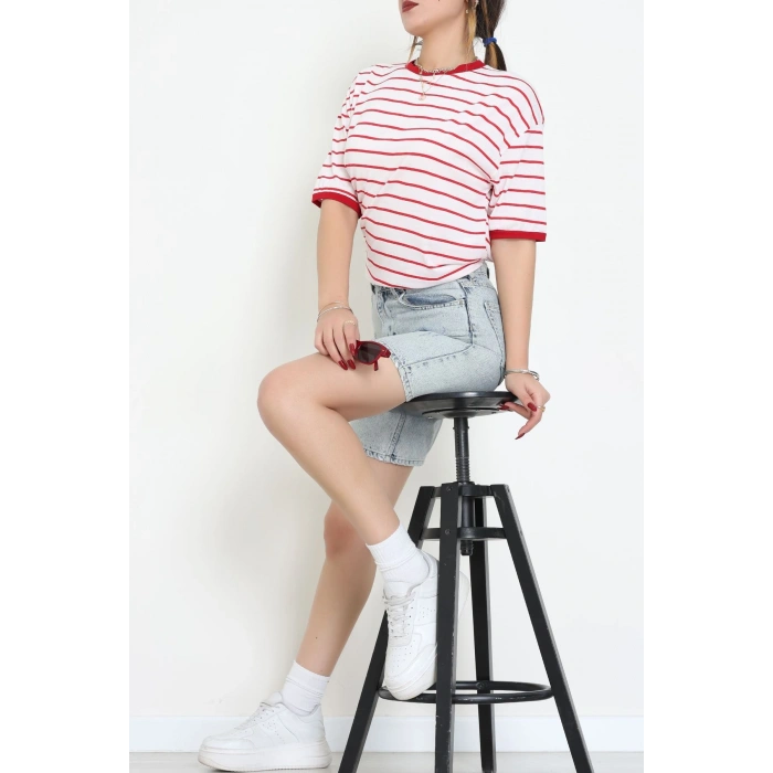 Bisiklet Yaka Çizgili Rejenere Süprem Tişört Ekrukırmızı - 601.1567.