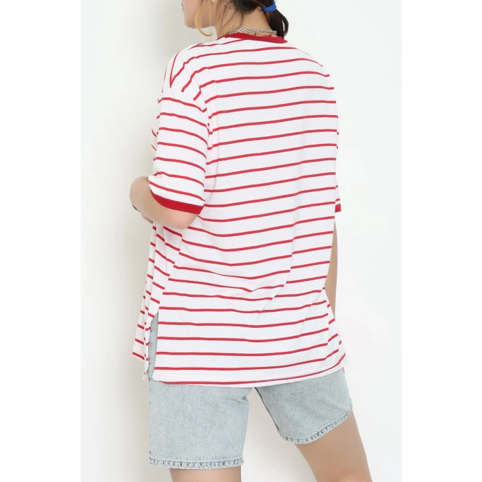 Bisiklet Yaka Çizgili Rejenere Süprem Tişört Ekrukırmızı - 601.1567.