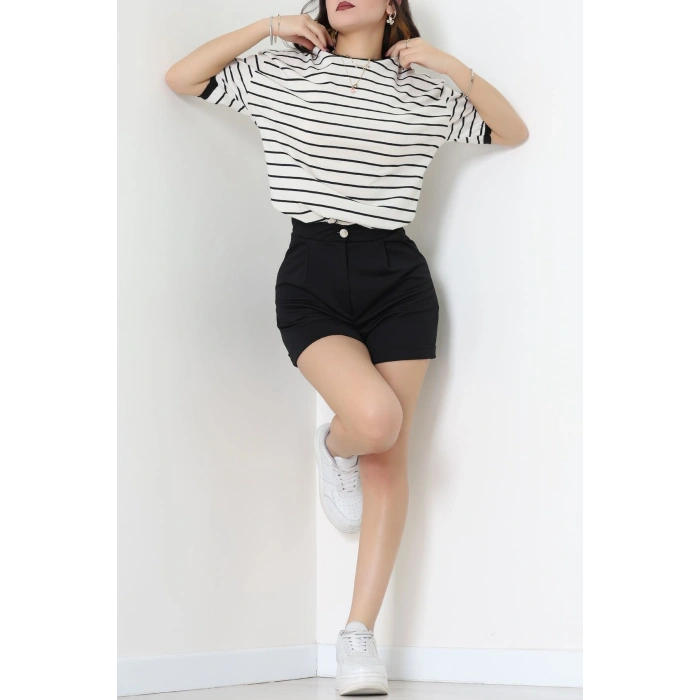 Bisiklet Yaka Çizgili Rejenere Süprem Tişört Ekrusiyah - 601.1567.