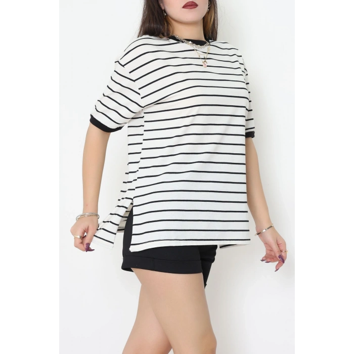 Bisiklet Yaka Çizgili Rejenere Süprem Tişört Ekrusiyah - 601.1567.