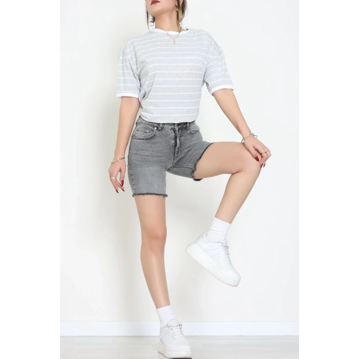 Bisiklet Yaka Çizgili Rejenere Süprem Tişört Gribeyaz - 601.1567.