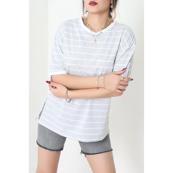 Bisiklet Yaka Çizgili Rejenere Süprem Tişört Gribeyaz - 601.1567.