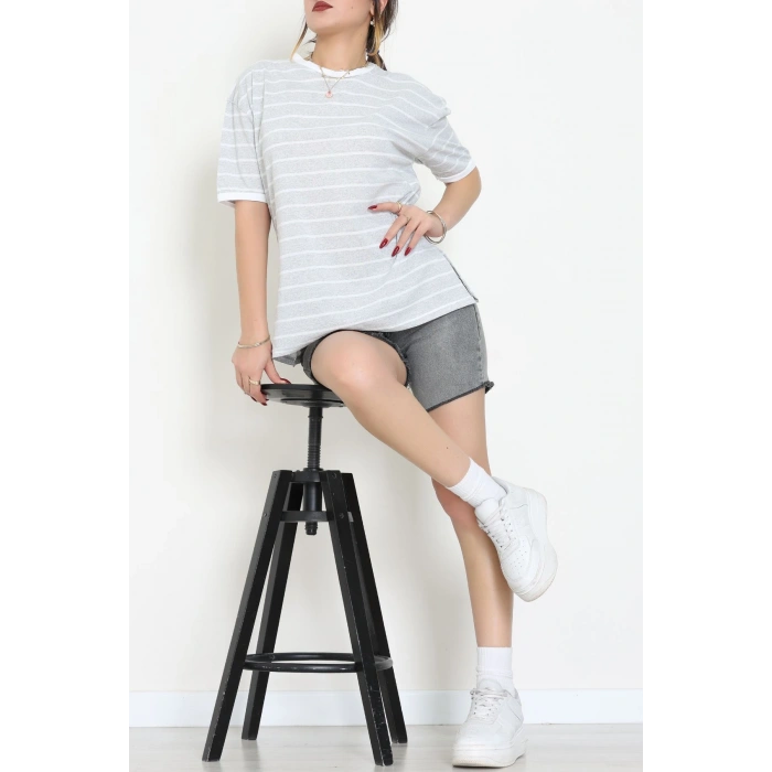 Bisiklet Yaka Çizgili Rejenere Süprem Tişört Gribeyaz - 601.1567.