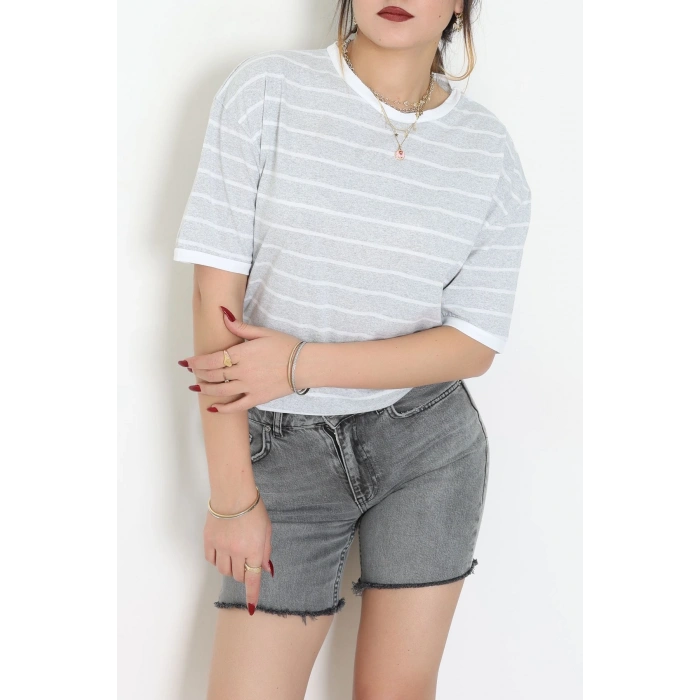 Bisiklet Yaka Çizgili Rejenere Süprem Tişört Gribeyaz - 601.1567.