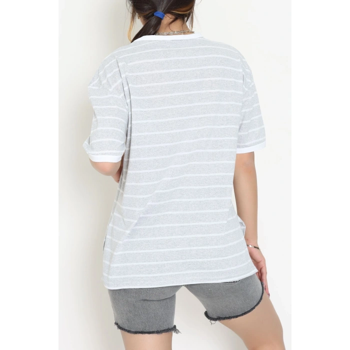 Bisiklet Yaka Çizgili Rejenere Süprem Tişört Gribeyaz - 601.1567.