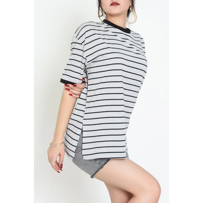 Bisiklet Yaka Çizgili Rejenere Süprem Tişört Grisiyah - 601.1567.