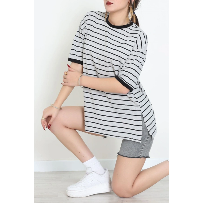 Bisiklet Yaka Çizgili Rejenere Süprem Tişört Grisiyah - 601.1567.