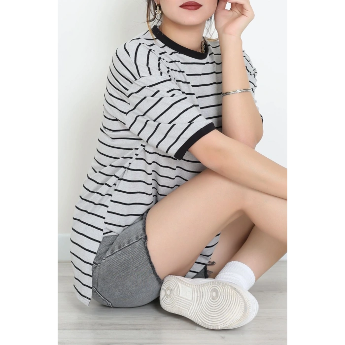 Bisiklet Yaka Çizgili Rejenere Süprem Tişört Grisiyah - 601.1567.