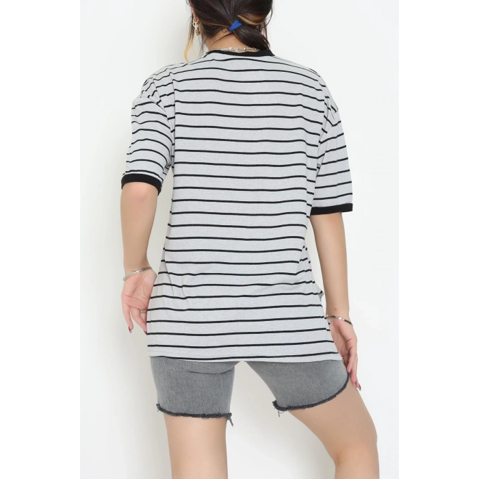 Bisiklet Yaka Çizgili Rejenere Süprem Tişört Grisiyah - 601.1567.