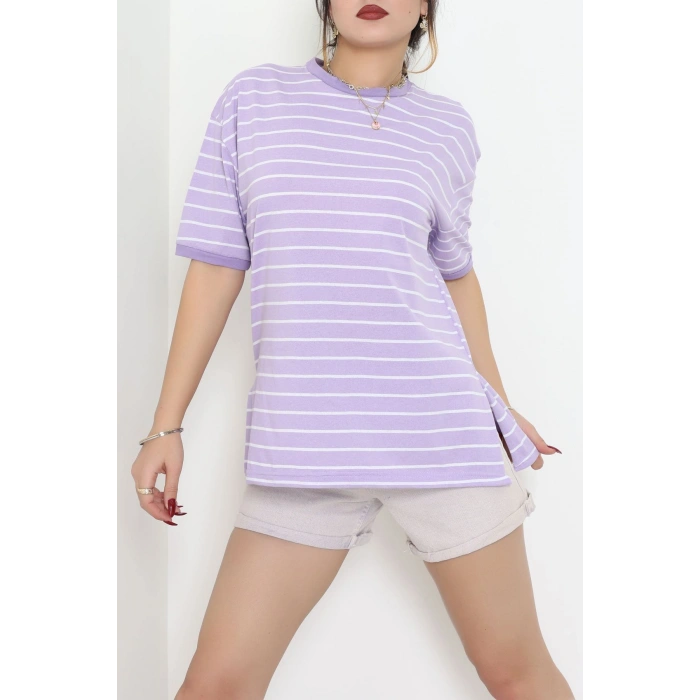 Bisiklet Yaka Çizgili Rejenere Süprem Tişört Lilabeyaz - 601.1567.