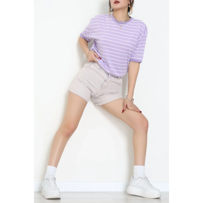 Bisiklet Yaka Çizgili Rejenere Süprem Tişört Lilabeyaz - 601.1567.