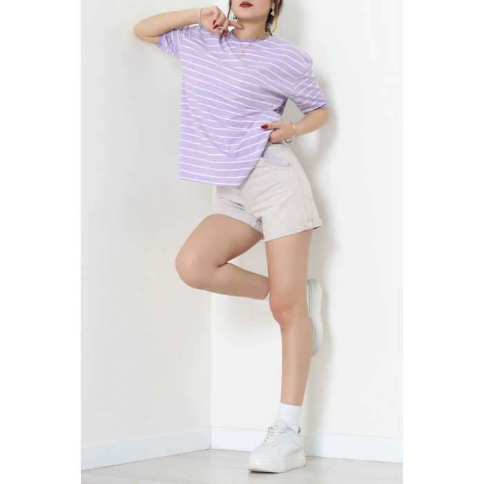Bisiklet Yaka Çizgili Rejenere Süprem Tişört Lilabeyaz - 601.1567.