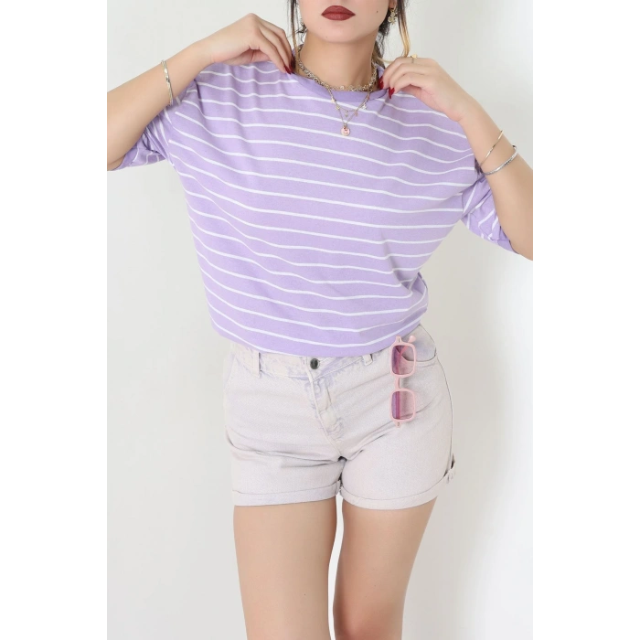 Bisiklet Yaka Çizgili Rejenere Süprem Tişört Lilabeyaz - 601.1567.