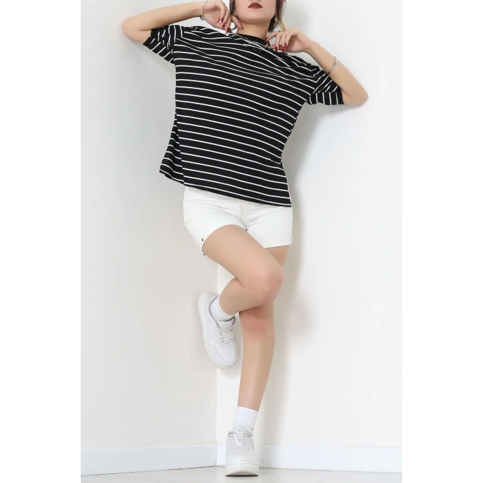 Bisiklet Yaka Çizgili Rejenere Süprem Tişört Siyahbeyaz - 601.1567.