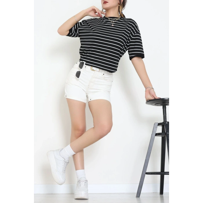 Bisiklet Yaka Çizgili Rejenere Süprem Tişört Siyahbeyaz - 601.1567.