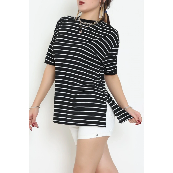 Bisiklet Yaka Çizgili Rejenere Süprem Tişört Siyahbeyaz - 601.1567.