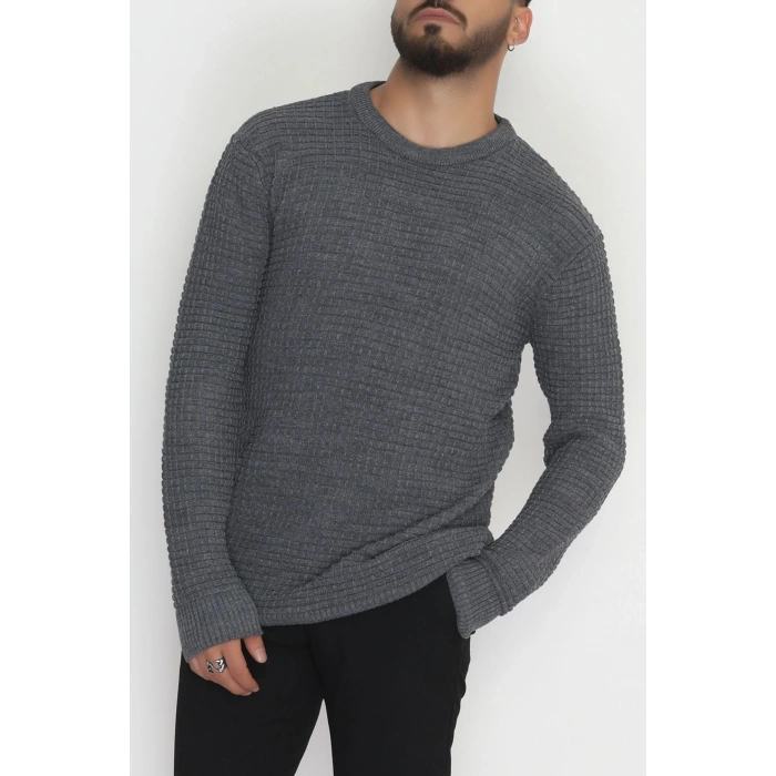 Bisiklet Yaka Desenli Erkek Triko Antrasit - 70776.1766.