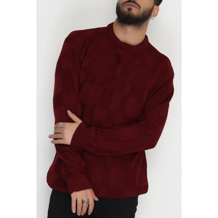 Bisiklet Yaka Desenli Erkek Triko Bordo - 70782.1766.