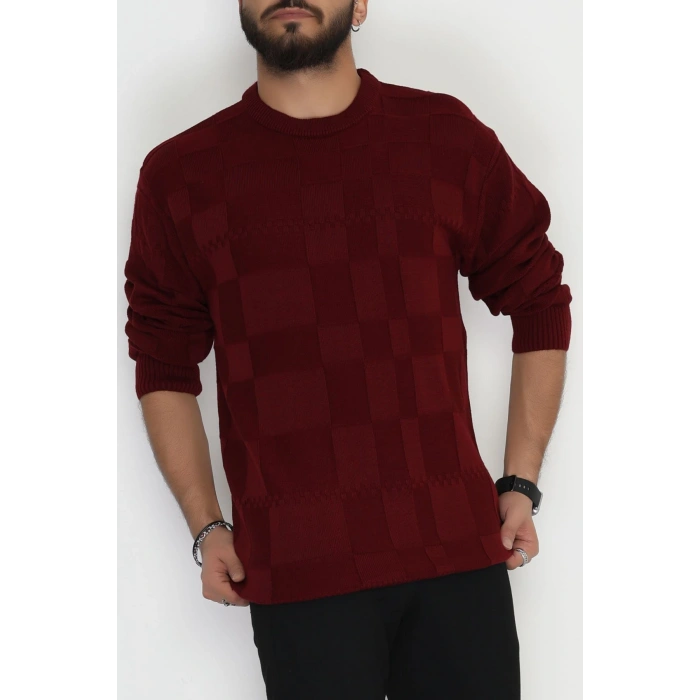 Bisiklet Yaka Desenli Erkek Triko Bordo - 70782.1766.