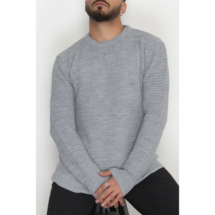 Bisiklet Yaka Desenli Erkek Triko Gri - 70776.1766.