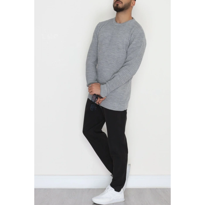 Bisiklet Yaka Desenli Erkek Triko Gri - 70776.1766.