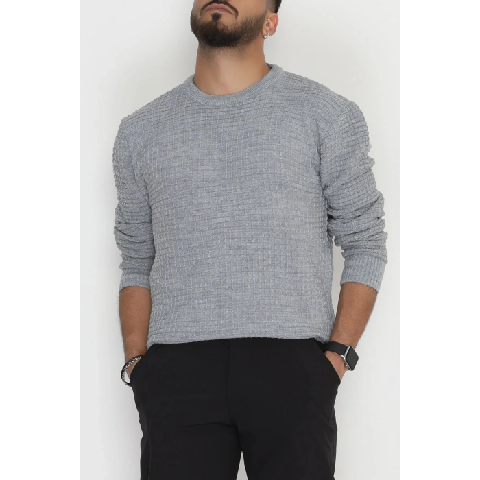 Bisiklet Yaka Desenli Erkek Triko Gri - 70776.1766.