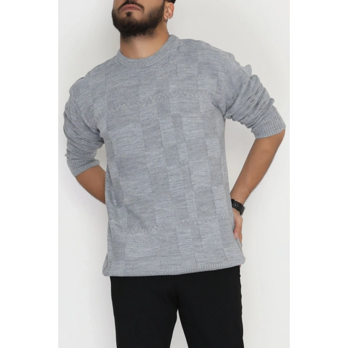 Bisiklet Yaka Desenli Erkek Triko Gri - 70782.1766.