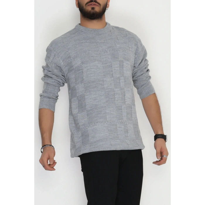 Bisiklet Yaka Desenli Erkek Triko Gri - 70782.1766.