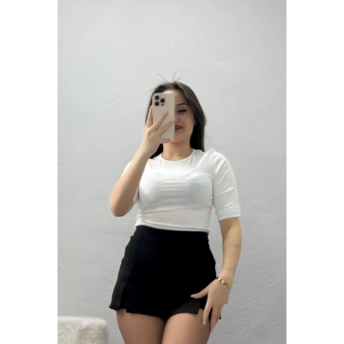 Bisiklet Yaka Fakir Kol Penye Tişört Beyaz - 22094.200.