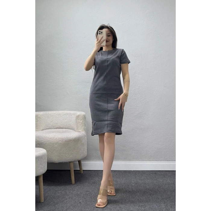 Bisiklet Yaka Kaşkorse Elbise Füme - 70896.1567.