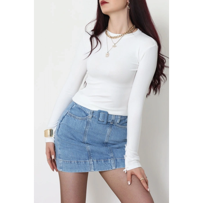 Bisiklet Yaka Kolu Fiyonklu Bluz Ekru - 1045.2119.